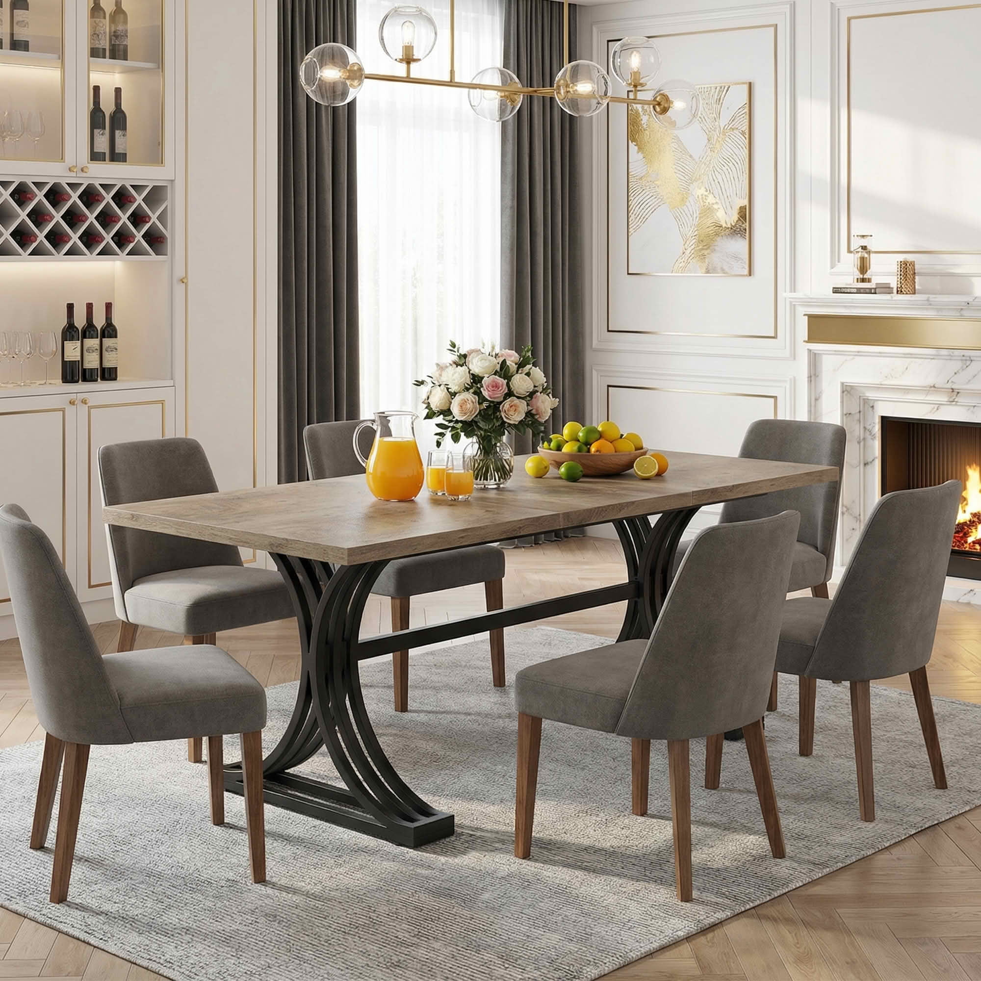 MAYEERTY 63" Modern Rectangular Dining Table, Gray Faux Marble Tabletop, Half-Moon Black Metal Legs with Anti-Scratch Foot Pads