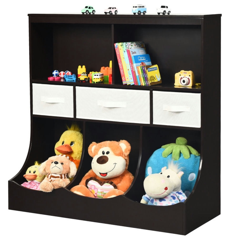 Resenkos Freestanding Combo Cubby Bin Storage Organizer Unit W/3 Baskets-Brown, Kids Toy Storage for Kids, Boys, Girls, Nursery