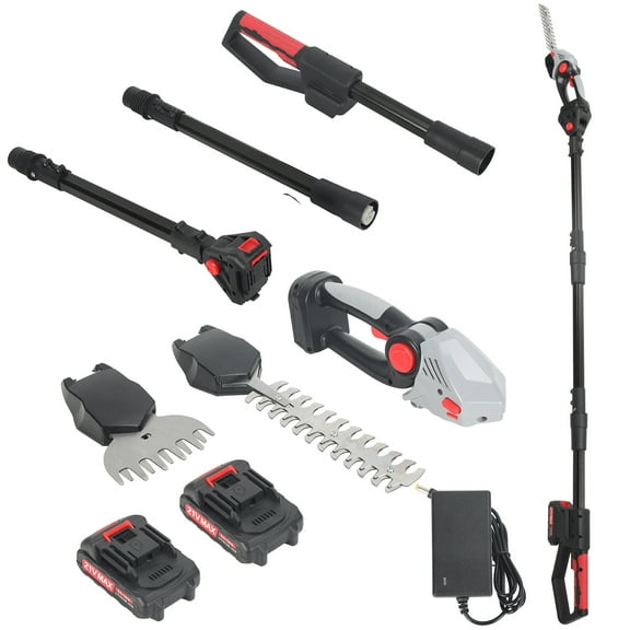 2-in-1 21V Cordless Pole Hedge Trimmer - Multi-Angle Adjustable Electric Shrub Trimmer with Extension Pole & Grass Shear, Battery & Charger Included