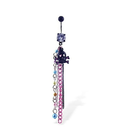 Dangling Multi Colored Belly Button Ring - Belly Button Ring With Black Skull And Multicolor Dangles