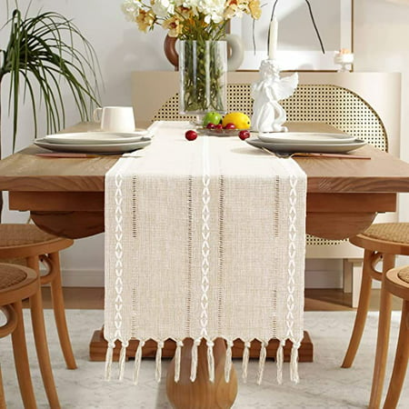 

Fall Table Runner Rustic Farmhouse Style 13“ x 72” Braided Striped Linen Cream Table Runner 72 Inches Long with Tassels for Dining Room Kitchen Reading Dresser Décor Ivory White