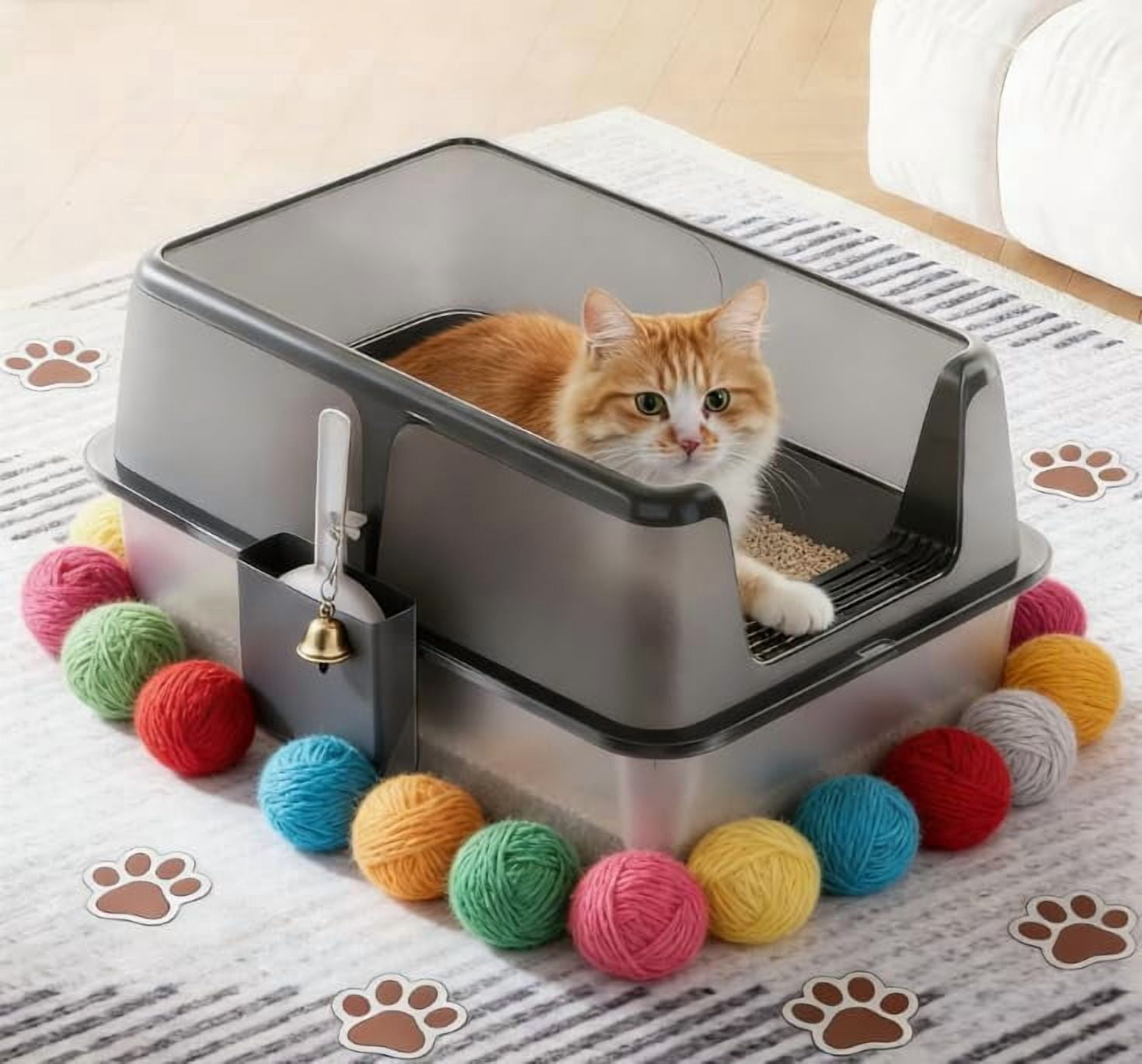 Historyli Stainless Steel Cat Litter Box, Large Enclosed Metal Litter Box with Lid & Scoop, Leak-Proof, Black