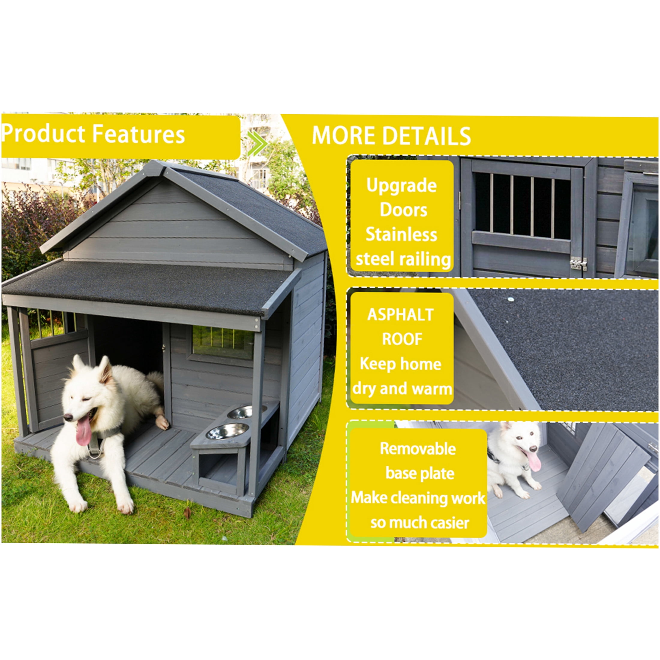 JERFIT Extra Large Dog House with Lockable Door & Porch, 44" Wooden Outdoor Kennel with Asphalt Roof, Weatherproof for Big Dogs up to 80lbs, Gray