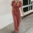thumbnail image 4 of Plebaso Womens Short Sleeve Round Neck Jumpsuit Spring Summer Solid Color Lace-up Romper Ladies Casual Long Pants, 4 of 5