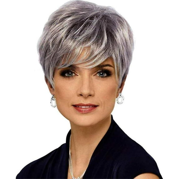 Women Short Boy Cut Wig Natural Silver Grey Hair Synthetic Wigs