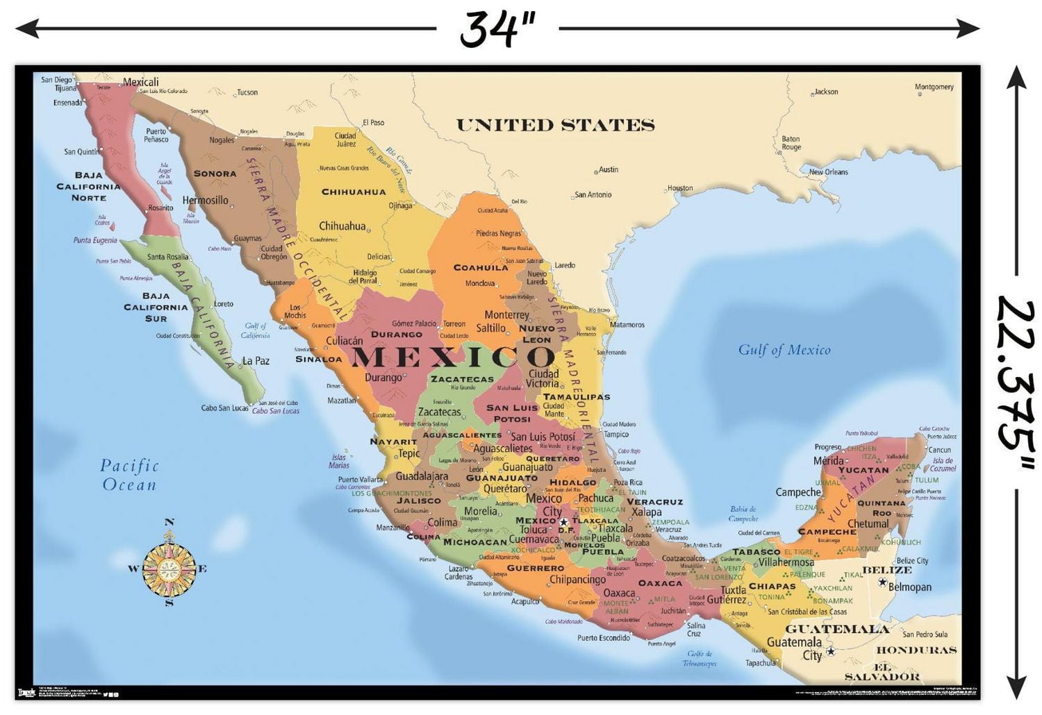 Map - Mexico Wall Poster, 22.375" x 34" Framed