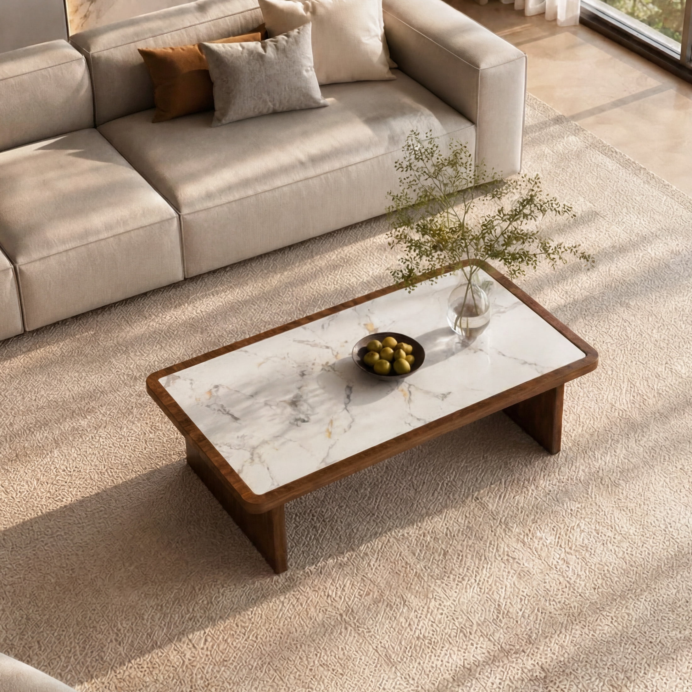 Noble House Ordis 47" Rectangular Sintered Stone Coffee Table with Wood Veneer Frame & Wide Panel Legs, White & Walnut