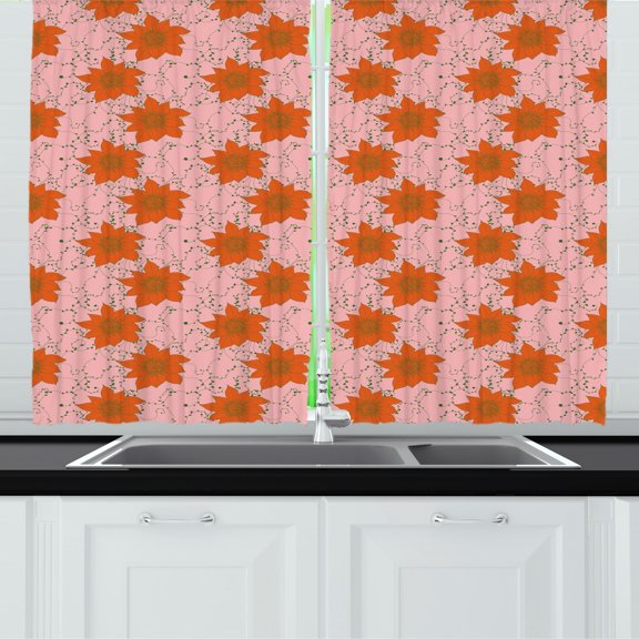 Floral Kitchen Curtains, Spring Season Flower Blossoms and Leafy Curved Branches Art Print, Two Panels Drapes with Rod Pocket Room Decor, 55" X 45", Rose Burnt Orange and Emerald, by Ambesonne