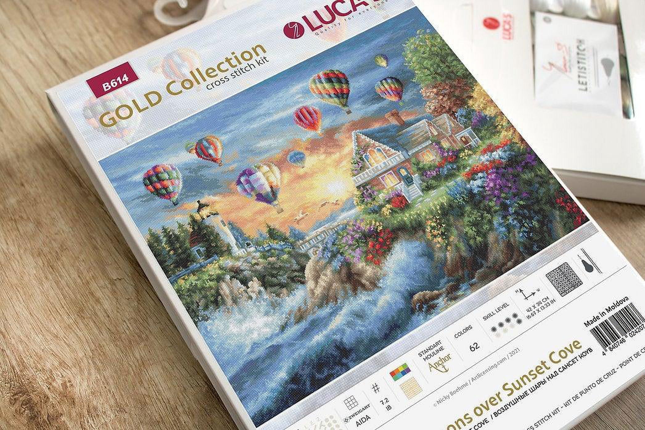 Counted Cross-Stitch Kit Balloons over Sunset Cove B614L Needlework Tree Gras Green Sky Water By Luca-S