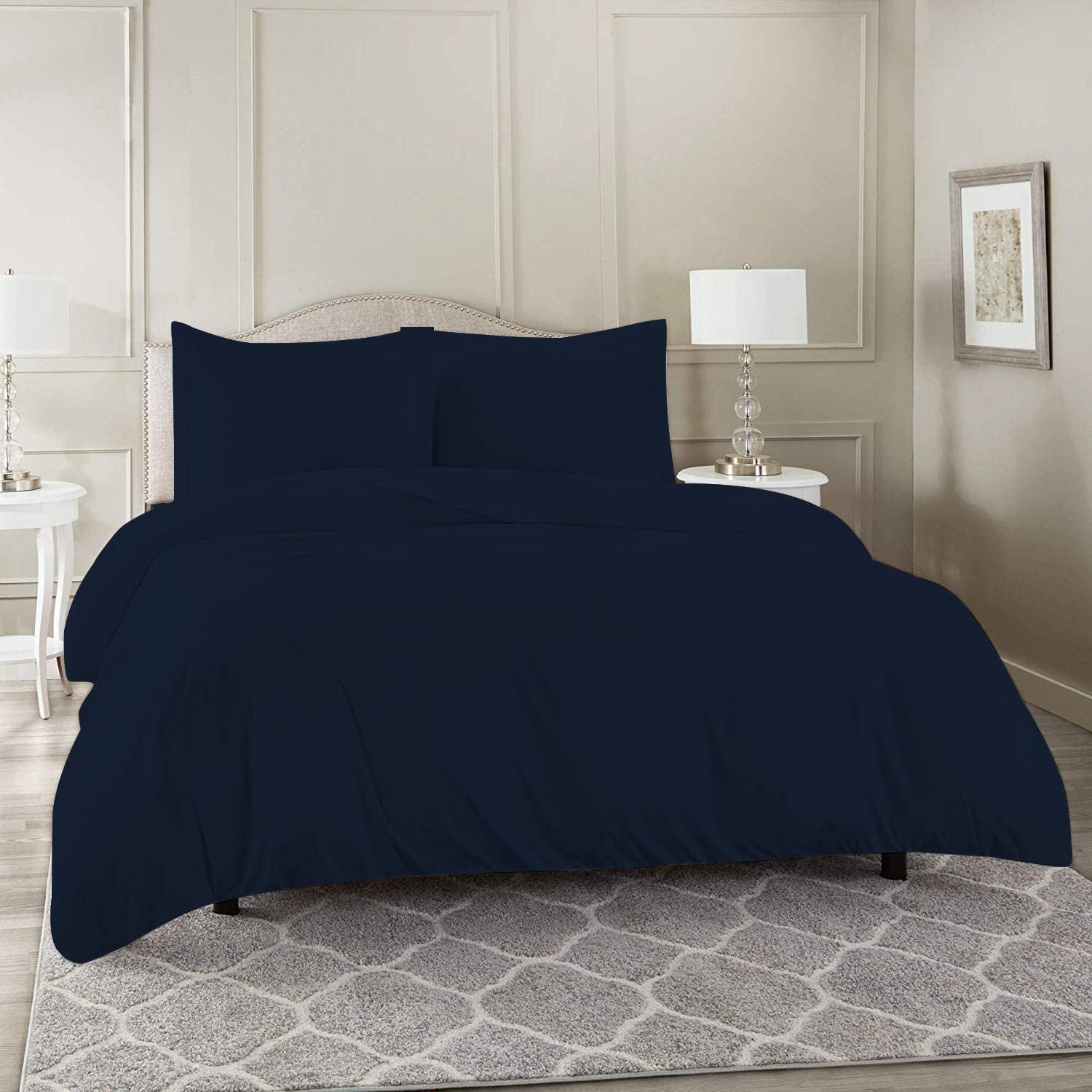 Navy Blue and White Cotton Duvet Cover Bedding Set with Shams ALL SIZES 