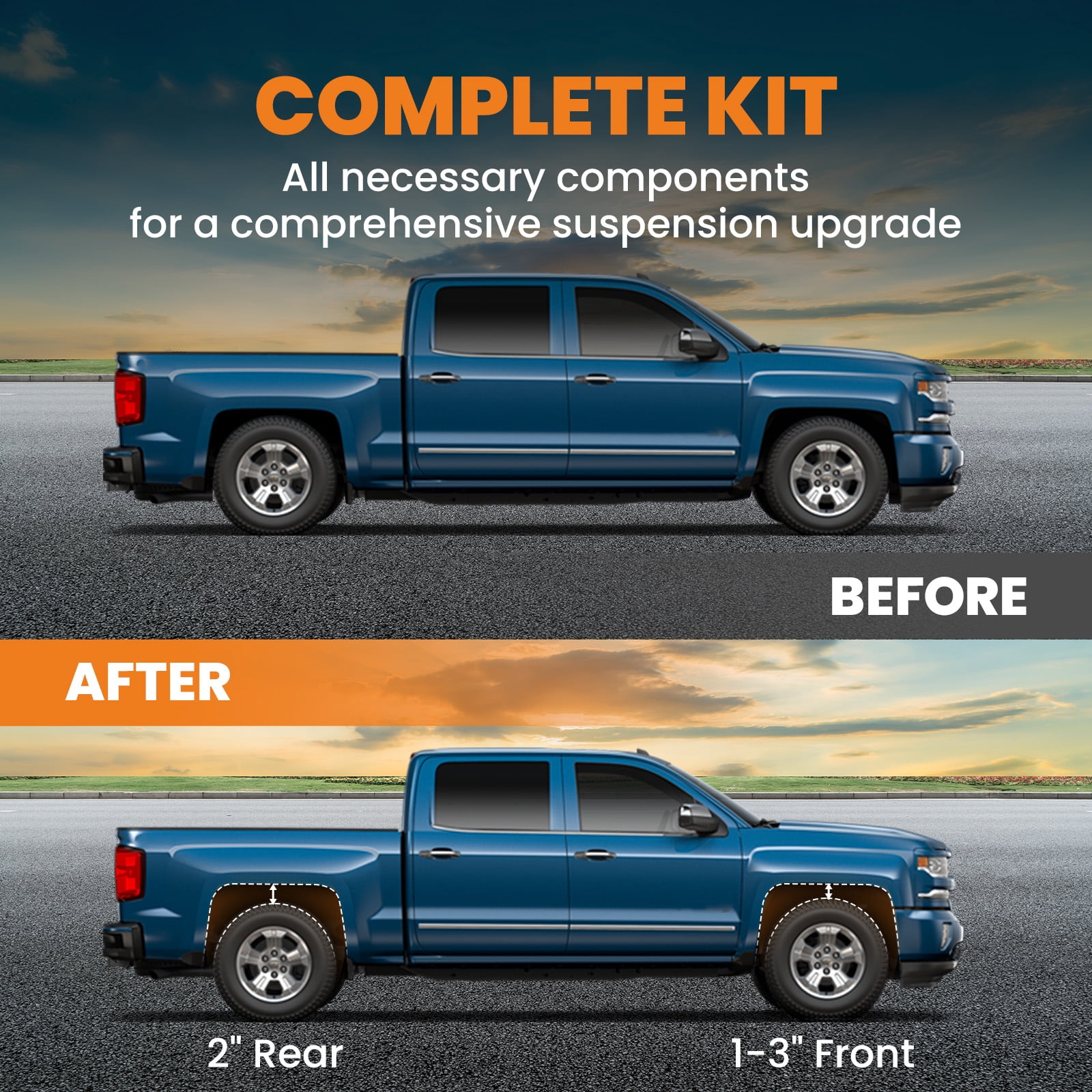 maXpeedingrods 1-3" Front & 2" Rear Leveling Lift Kit for 2000-2006 Chevy Avalanche Tahoe Suburban Yukon Escalade 6-Lug Truck, with Front Rear Shock Extenders