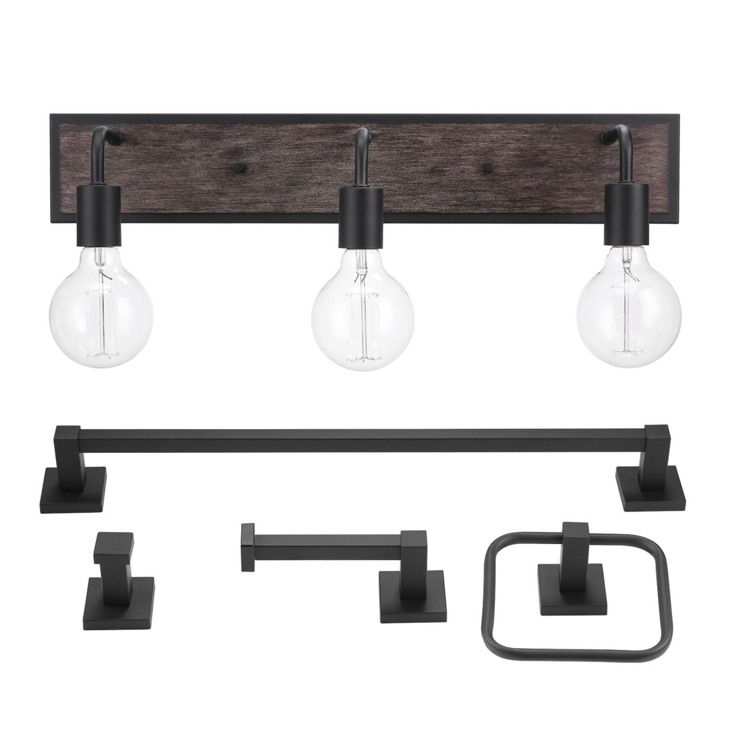 Globe Electric Auckland 5-Piece All-In-One Bathroom Set, Black, Faux Wood, 3-Light Vanity Light with Seeded Glass Shades, Towel Bar, Towel Ring, Robe Hook, Toilet Paper Holder, 51863