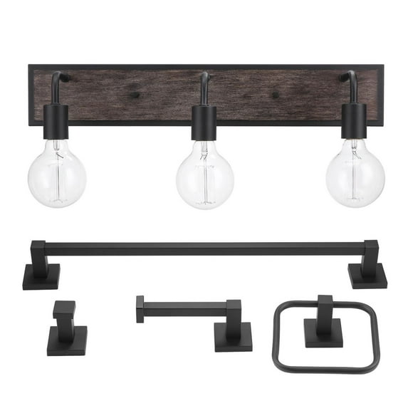 Globe Electric 5-Piece Black and Faux Wood Bath Set, 3-Light LED Vanity Light with Seeded Glass Shades, Minimal Style