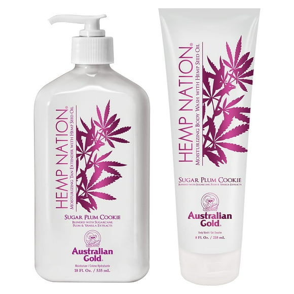 Australian Gold Hemp Nation Sugar Plum Cookie Bundle - Tan Extender Body Lotion (18 FL Oz) and Body Wash (8 FL Oz), Delectable Blend of Sugarcane, Plum, and Vanilla, Pure Hemp S
