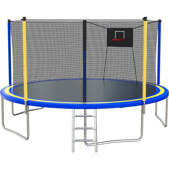 14FT Trampoline with Enclosure for Kids and Adults, SEGMART Upgraded Kids Recreational Outdoor Trampoline with Basketball Hoop, Ladder, Heavy Duty Round Backyard Trampoline for Indoor Outdoor
