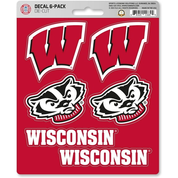 University of Wisconsin Badgers 6-Piece Decal Sticker Set, 5x6 Inch Sheet, Gift for football fans for any hard surfaces around home, automotive, personal items