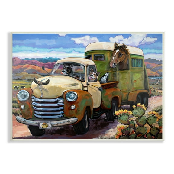 Stupell Industries Dogs Driving Vintage Rustic Truck with Horse Trolley, 15 x 10, Design by CR Townsend