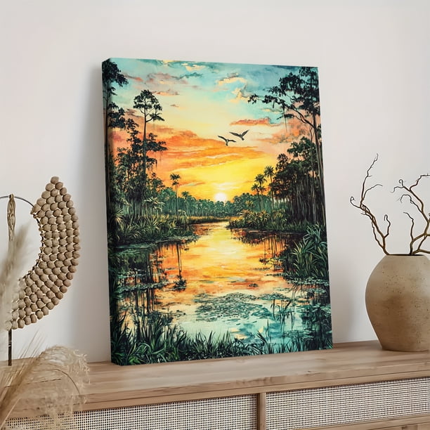 Sunset Swamp Landscape Canvas Painting， Perfect for Living Room