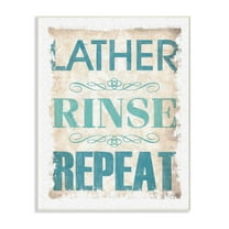 The Stupell Home Decor Collection Blue and Tan Lather Rinse Repeat Burlap Texture Typography Wall Plaque Art