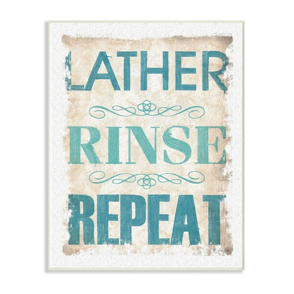 The Stupell Home Decor Collection Blue and Tan Lather Rinse Repeat Burlap Texture Typography Wall Plaque Art