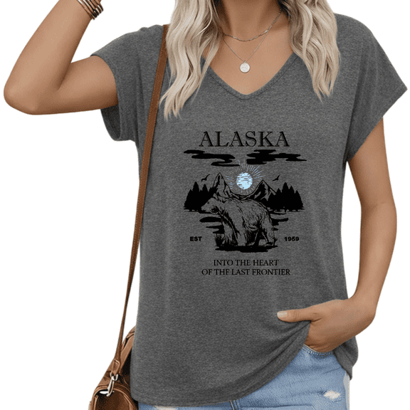 UNISHE Women V Neck Short Sleeve T Shirt Alaska Bear Vintage State Graphic Casual Loose Fit Top S-5XL