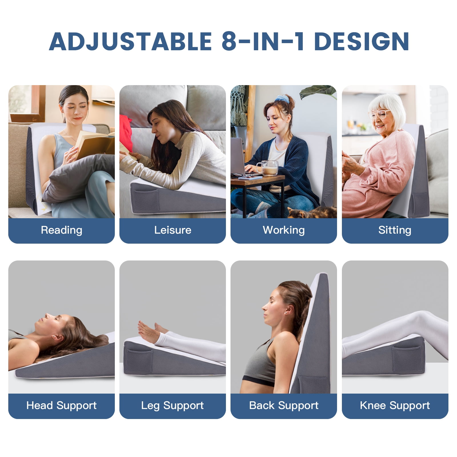 JoliNuit Bed Wedge Pillow for Sleeping, and Resting, Gel Memory Foam Pillow for Back, Knee Pain Relief After Surgery, 7.5 Inch Triangle Elevation Cushion for Acid Reflux,Gerd,Anti Snoring