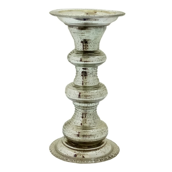 Pillar Candle Holder - 12" Silver Glass - Traditional Ribbed Design