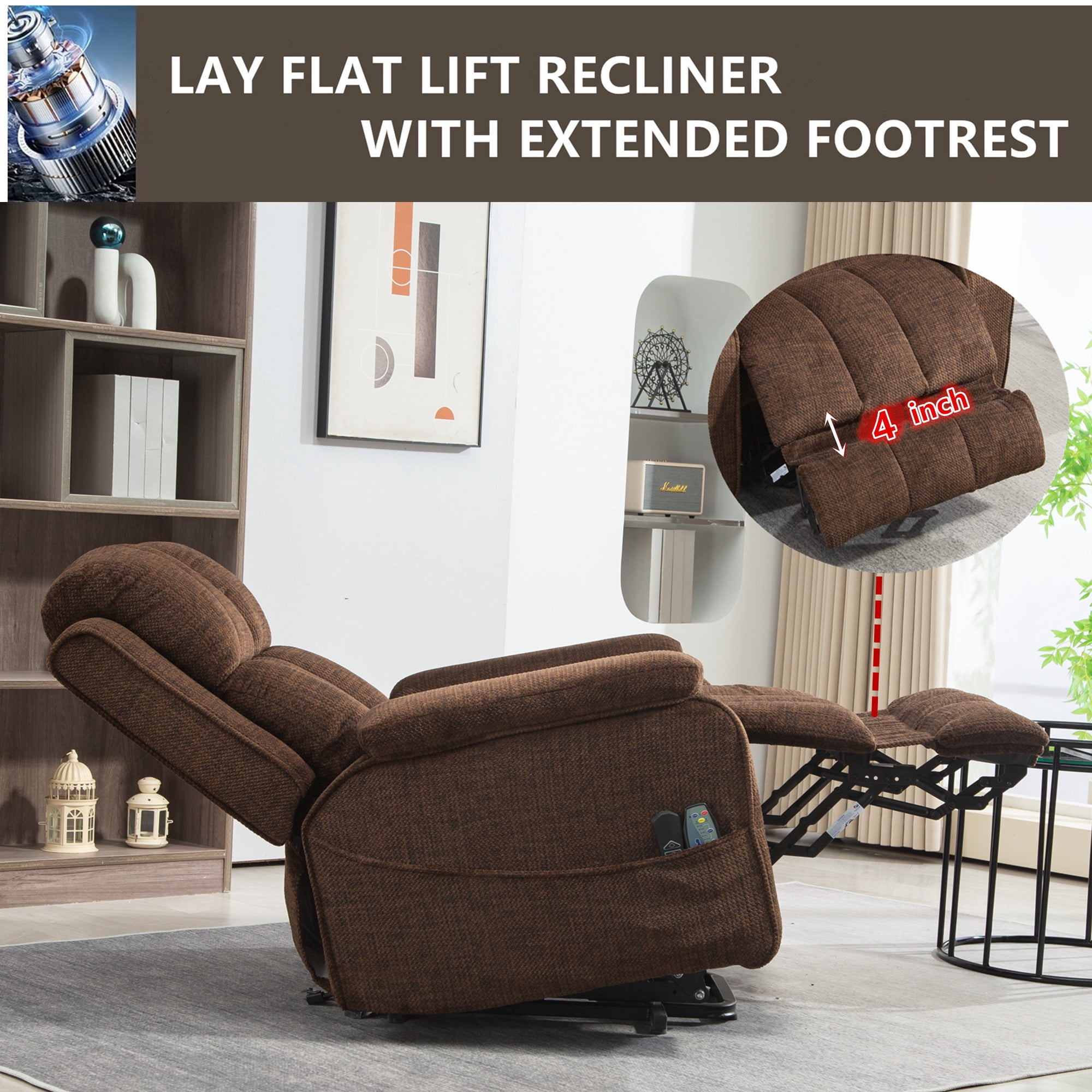 LITVZ Oversized Lifting Recliners for Seniors, Extended Footrest, Big and Tall Recliners 400 lbs Lay Flat Recliner with Heat & Massage Side Storage Cup Holder for Elderly Relaxing