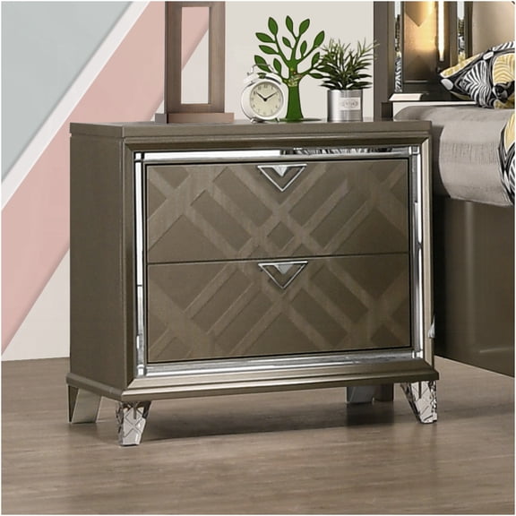 JERFIT Modern Glam Nightstand with 2 Drawers, Dark Champagne Finish, Embossed Design and Acrylic Legs for Bedroom