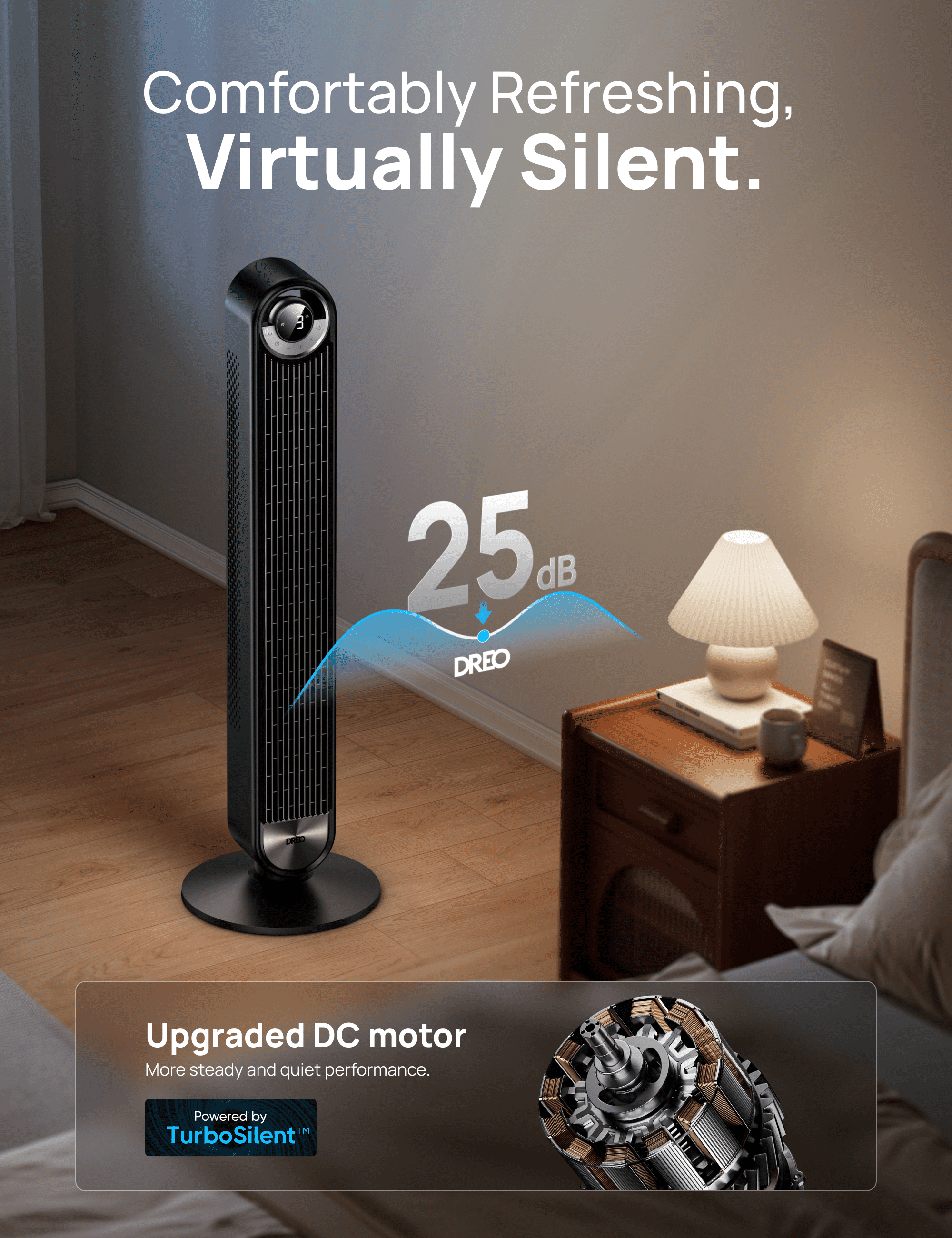 Dreo Tower Fan for Bedroom, Upgrated DC 9 Speeds Utral-Quiet Floor Fan, 90° Oscillating Fans for Indoors with 26ft/s Velocity, 12H Timer, Standing Fans, Bladeless Fan Powerful for Home Office Room