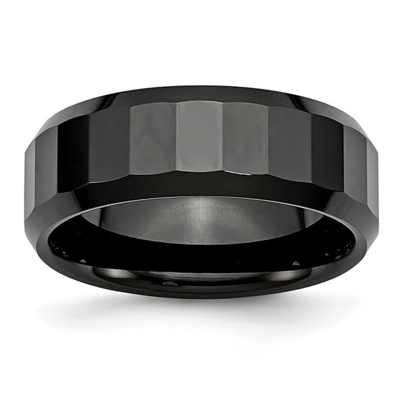 Ceramic Ring Band Wedding Beveled Black Faceted Edge 8mm Polished