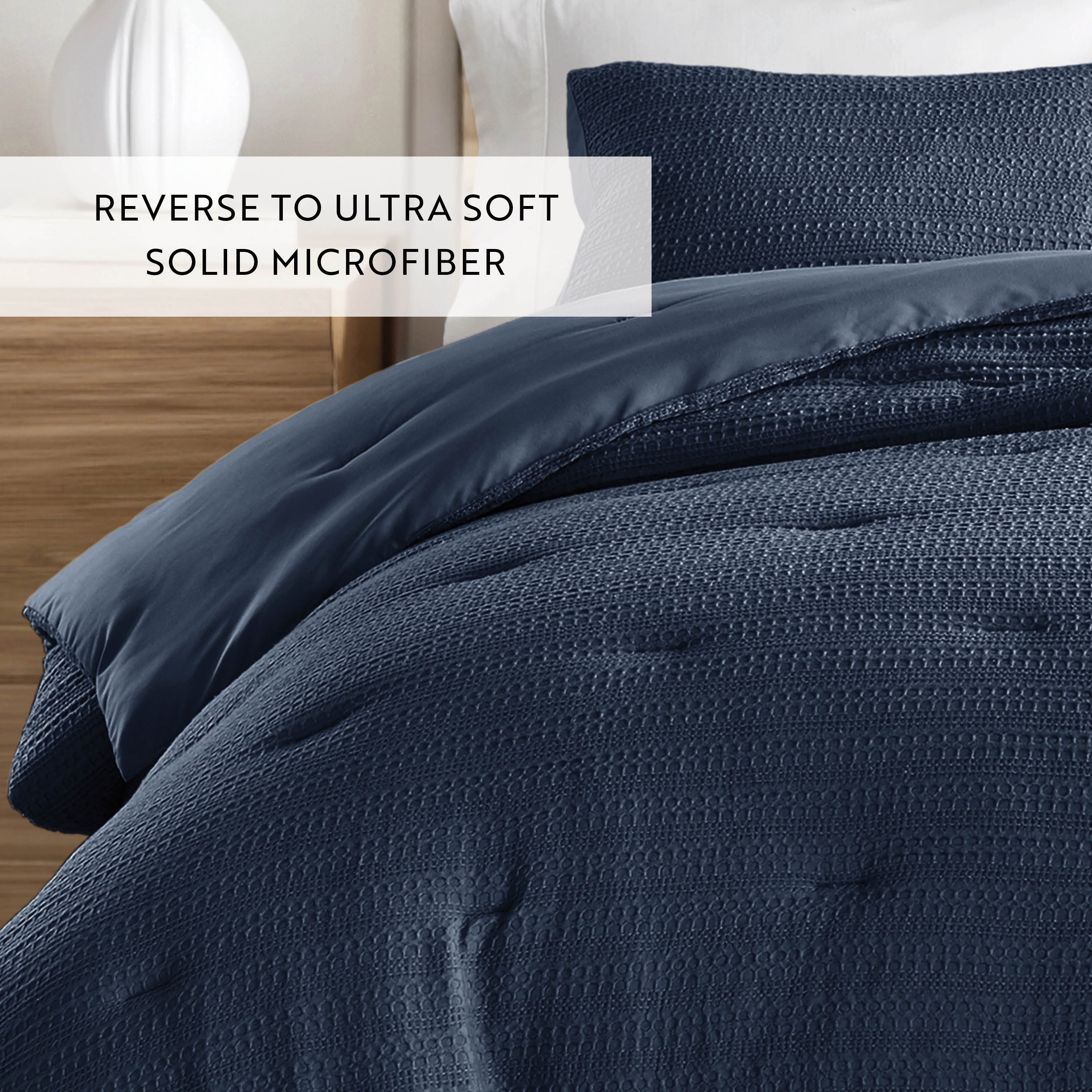 Noble Linens 3 Piece Navy Waffle Textured All Season Down-Alternative Comforter Set, Full/Queen