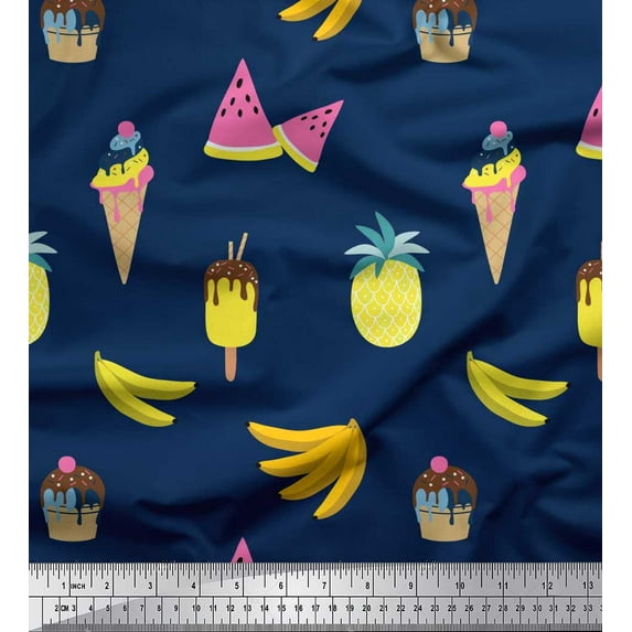 Soimoi Viscose Chiffon Fabric Fruits,Cupcake & Ice Cream Food Fabric Prints by Yard 42 Inch Wide
