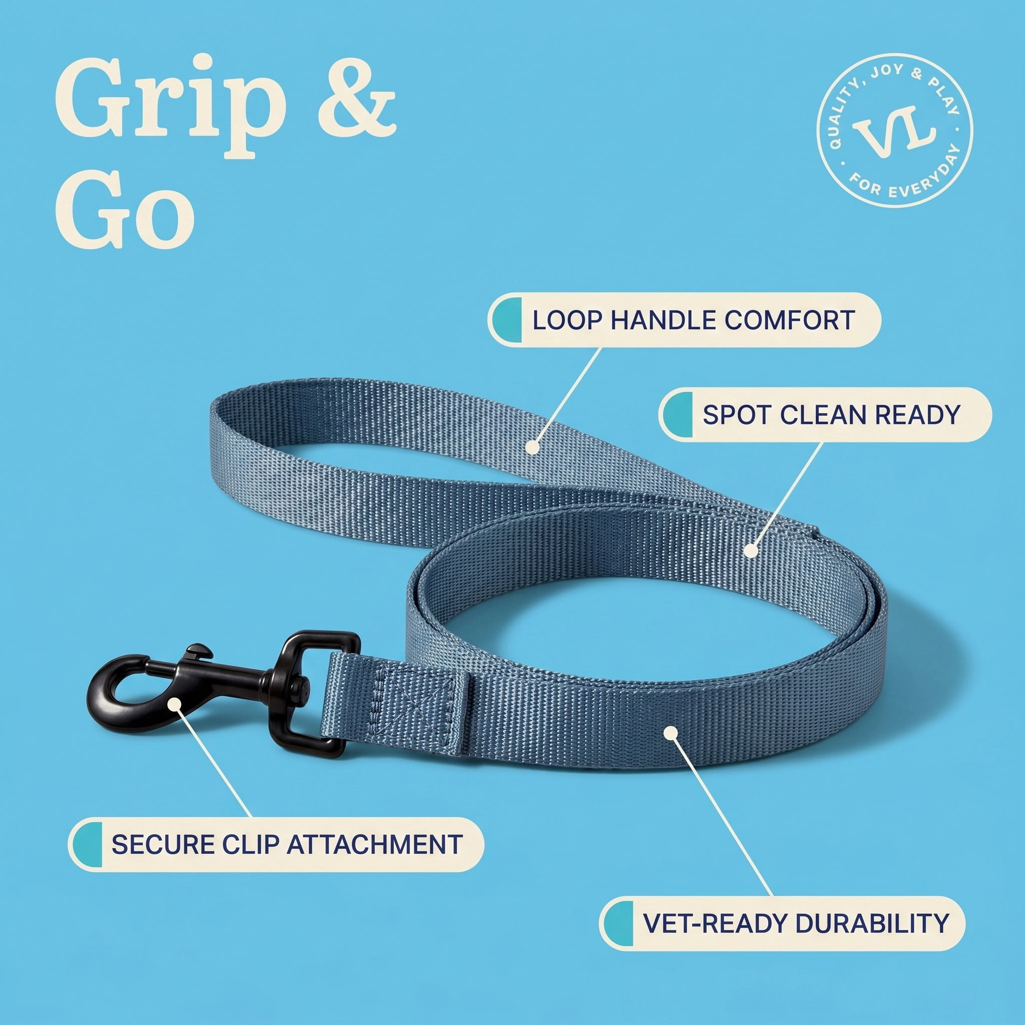 Vibrant Life 6' Solid Polyester Leash, Gray, L