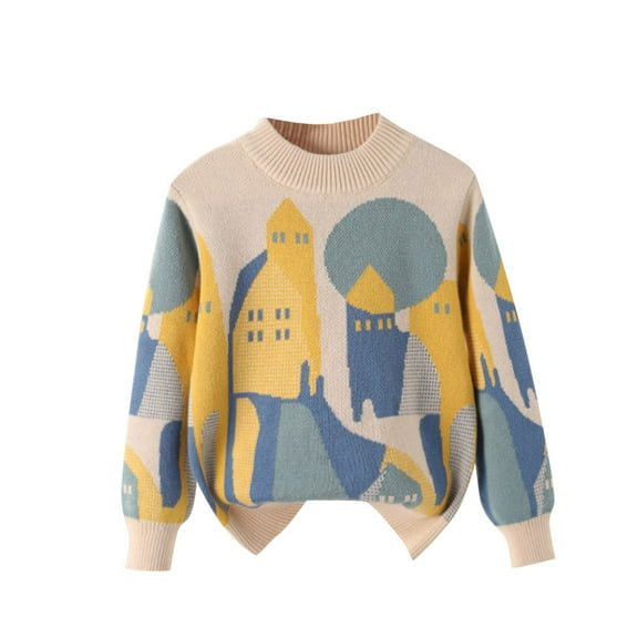 Tao Tao Baby Boys Girls Graphic Sweater Color Block Knitted Pullover Crewneck Casual Streetwear Sweaters Beige 7 Years