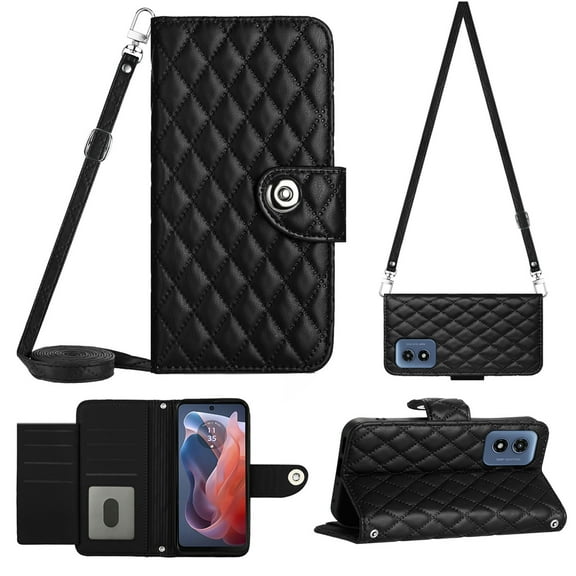 Crossbody Strap Case for Moto G Play 4G 2024 Wallet case Women Girls 【RFID Blocking】for Motorola Moto G Play 4G 2024, Shoulder Magnetic Closure Flip Cover Credit Card Holder Kickstand, Black