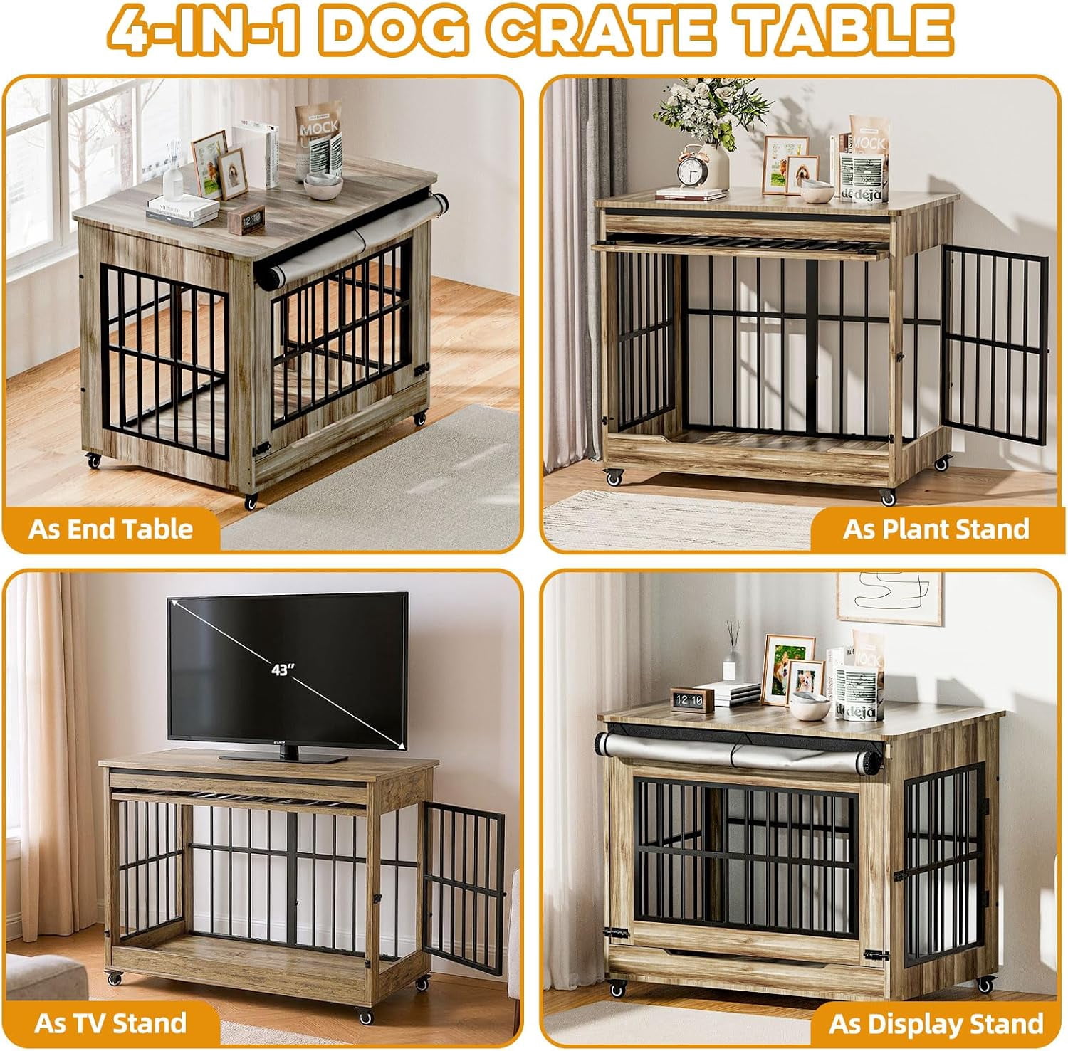 42" Wooden Dog Crate Furniture with Double Door, Lockable Wheels & Blackout Curtain, Decorative Indoor Pet Kennel End Table for Large Breed Dogs, Greige