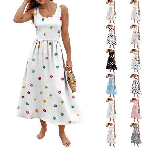 JoveMarine Womens Summer Dresses Polka Dot Summer - Casual Sleeveless Long Maxi Dress with Playful Print for Beach and Daily Wear,Black L