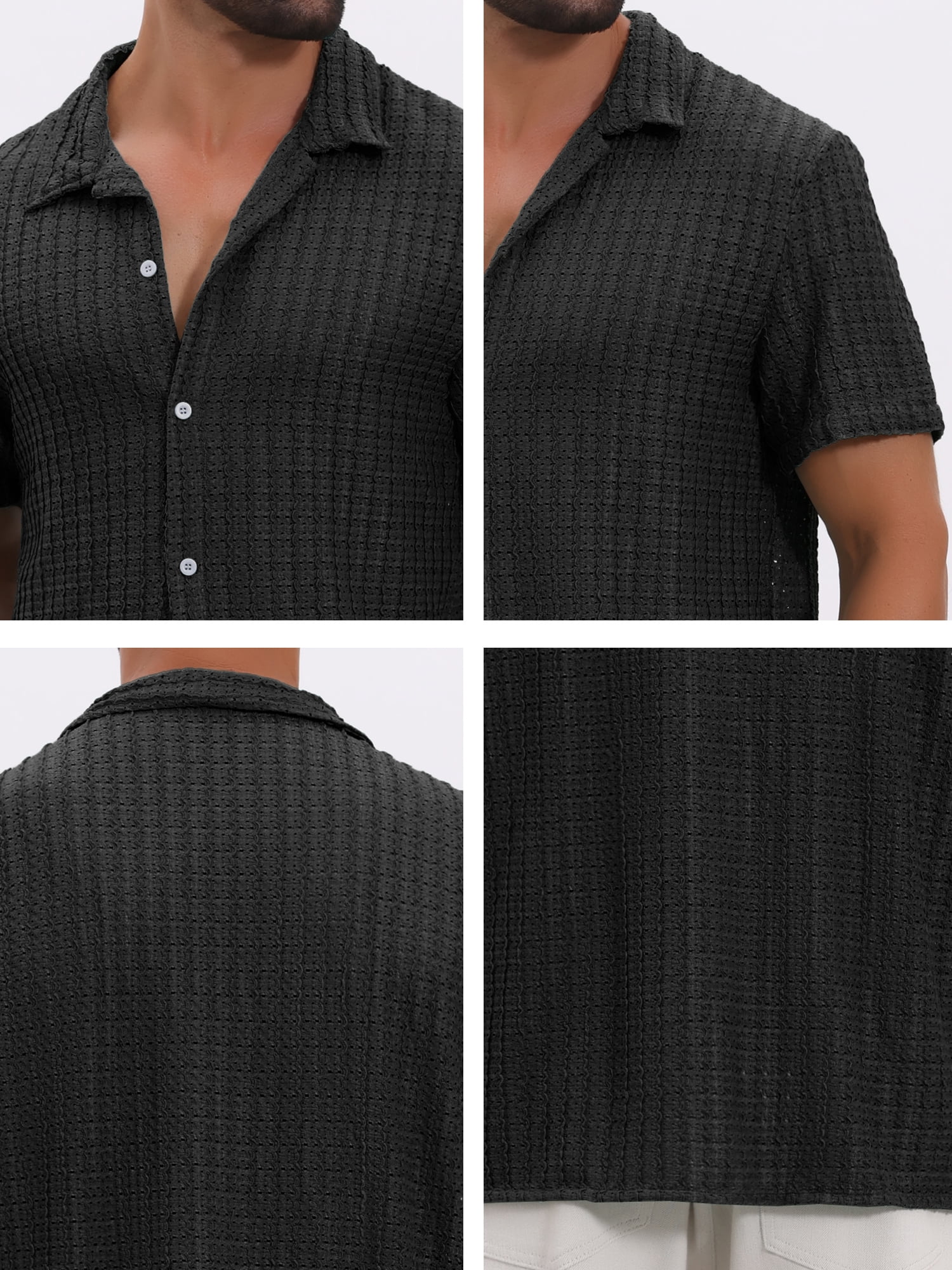 DARING DIVA Men's Casual Knitted Hollow Out Short Sleeve Shirt L Black