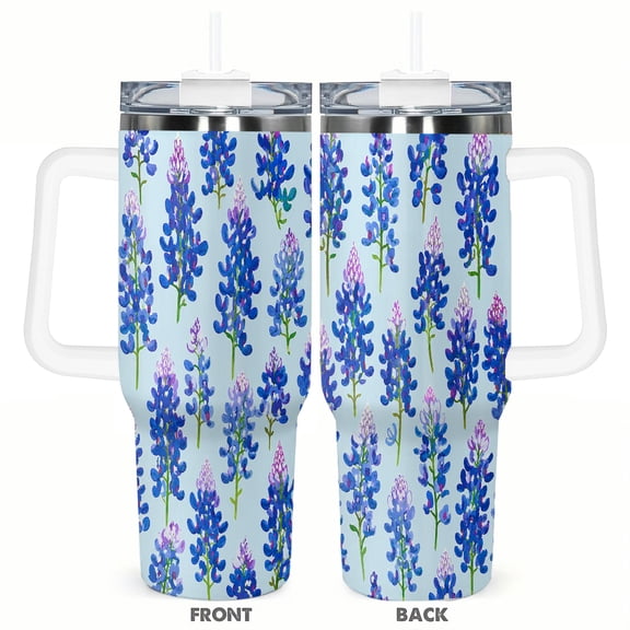40oz Bluebonnet Floral Travel Tumbler with Handle and Straw Insulated Car Cup Gift for Women Wildflower Coffee Cup Reusable Vacation Travel Cup
