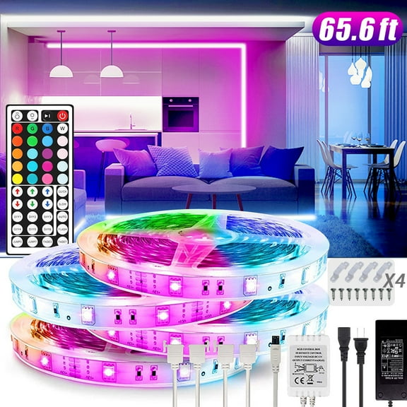 65.6ft/20M Led Lights for Bedroom, 5050 Multi-Color Led Strip Lights with 44 Key Remote & 12V DC Power Supply for Home Room Office Decorations