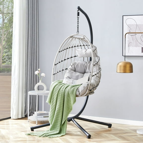 SUDICA Hanging Egg Chair with Stand, Gray Wicker Patio Swing Chair with Cushion and Headrest for Indoor Outdoor