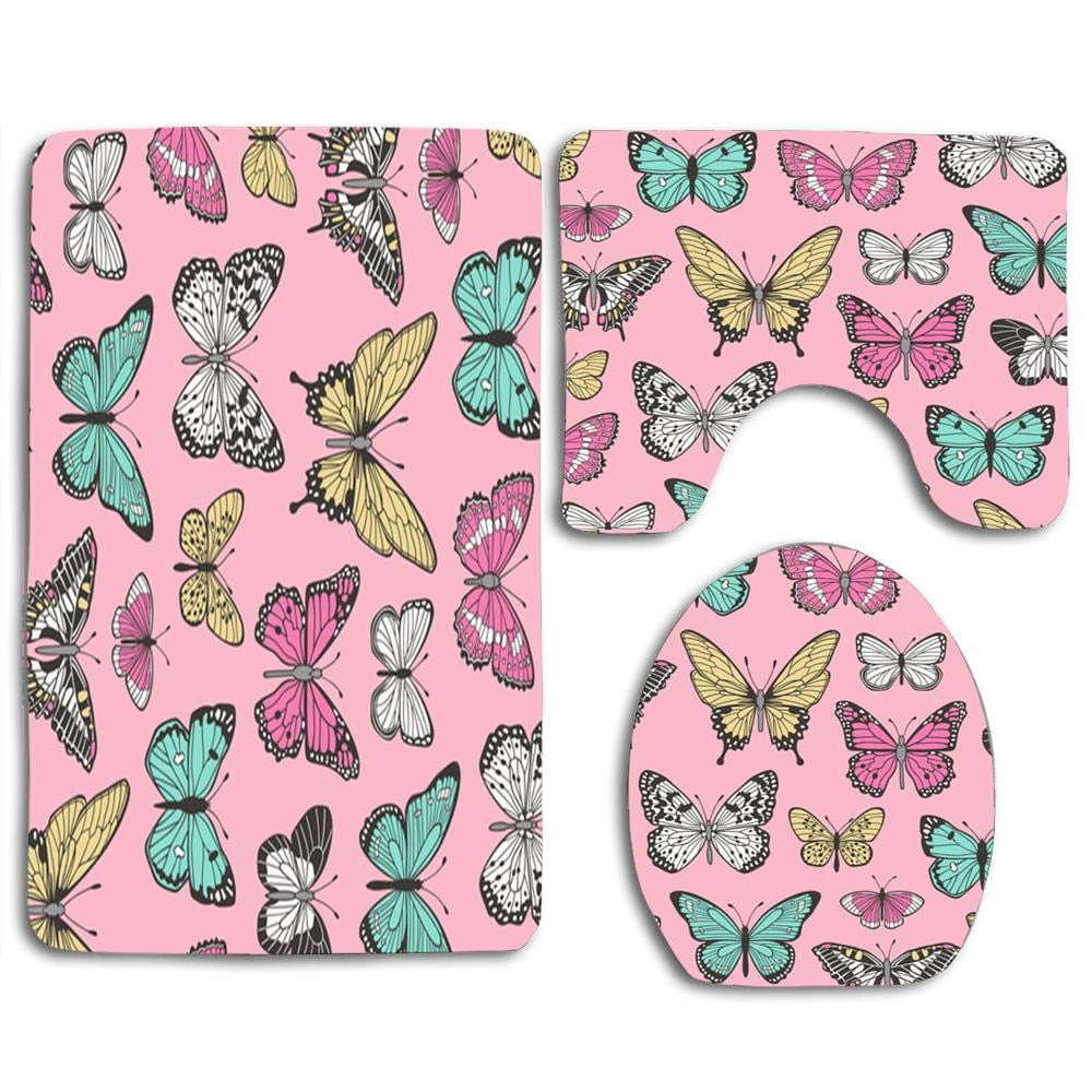 CHAPLLE Butterfly Nature Fabric on Pink 3 Piece Bathroom ...