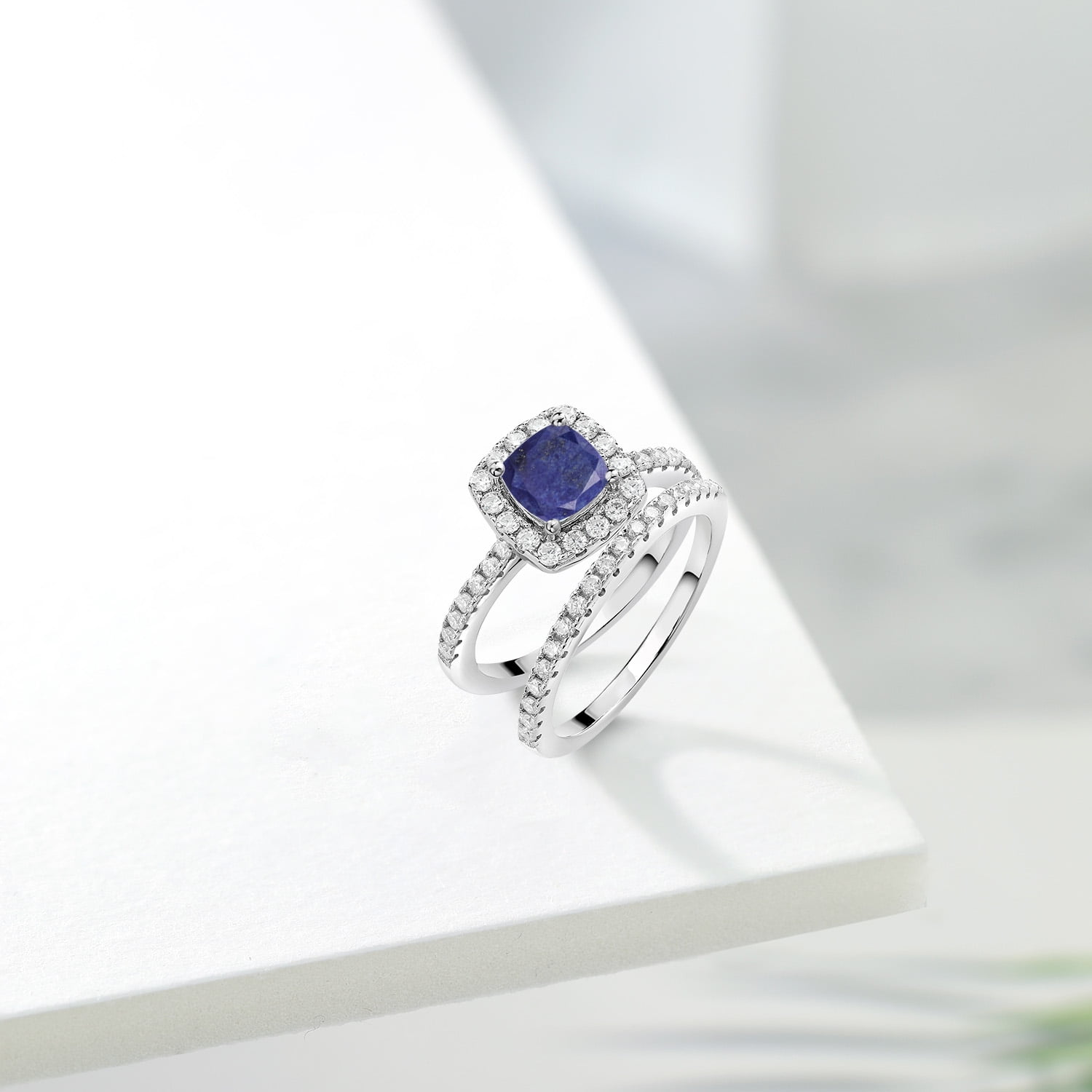 Gem Stone King 925 Sterling Silver Ring 1.52 Cttw 6mm Cushion Lapis and Moissanite