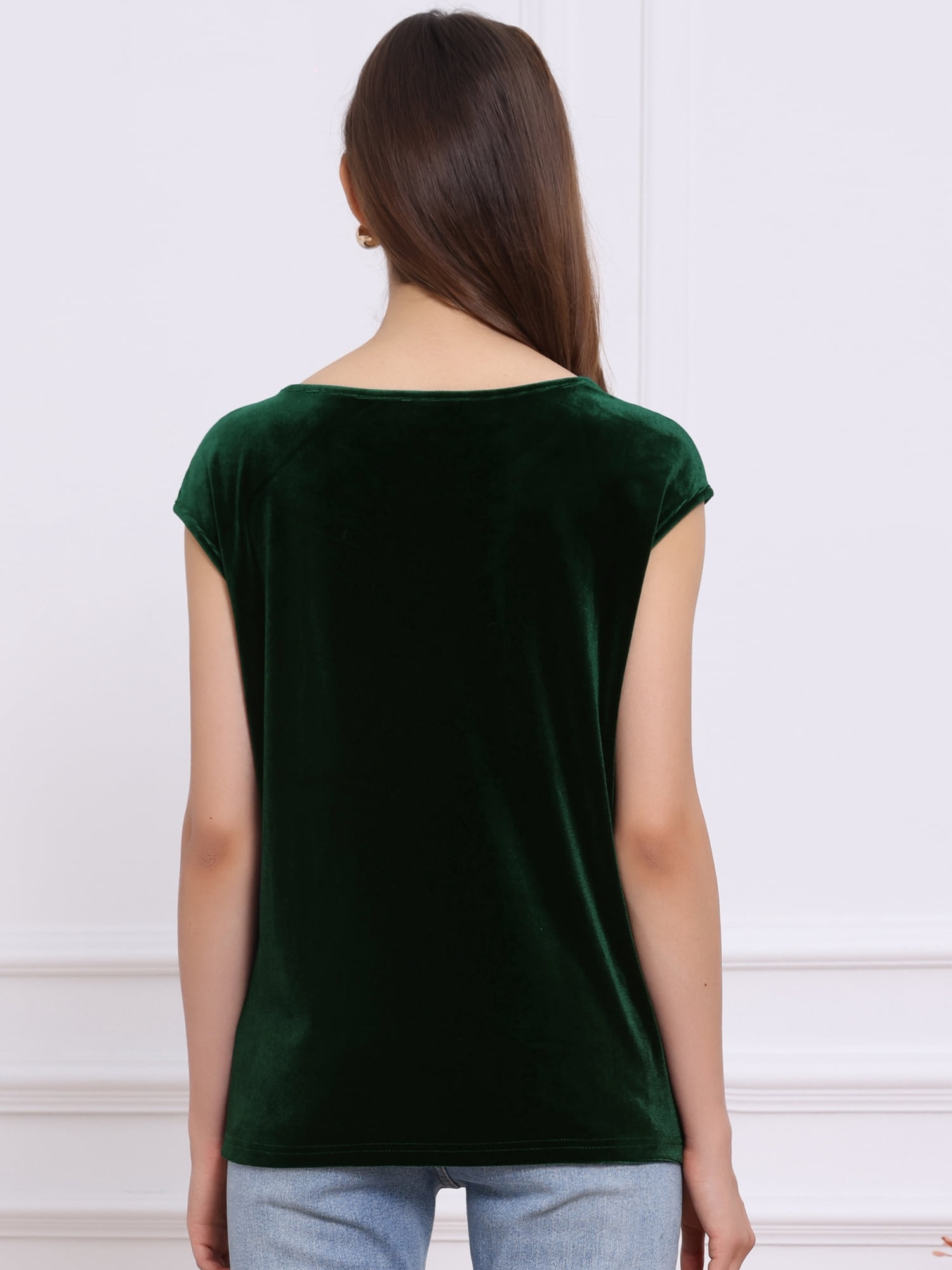 DARING DIVA Women's Velvet Christmas Party Crew Neck Cap Sleeve Top M Dark Green