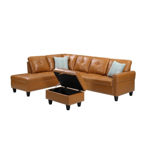 BSHTI 3-Seat Contemporary Faux Leather L-Shaped Sectional Sofa with Reversible Storage Chaise, Storage Ottoman, Cup Holders for Living Room（Ginger）