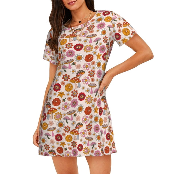 Fotbe Fall 70s Groovy Hippie Bata de Dormir para Mujer con Estampado, Camisón de Algodón de Manga Corta, Ropa de Dormir Casual
