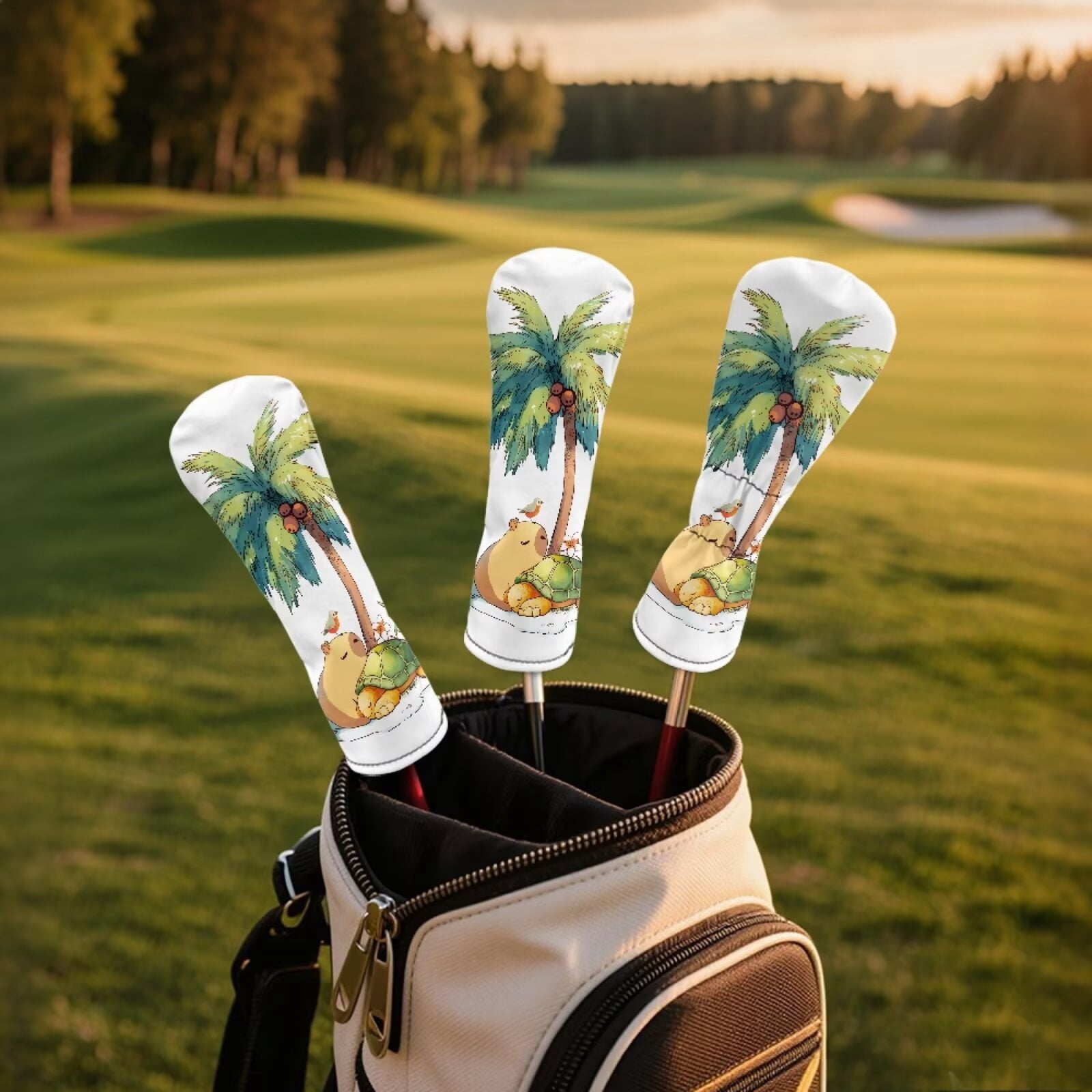 Uorisanigo Golf Club Covers, Golf Club Driver/Fairway Wood/Hybrid Head Cover 1 3 5 UT Cover, Coconut Tree Capybara Turtle Headcovers Set Keep Clubs Dry and Clean, Funny Golfs Accessories