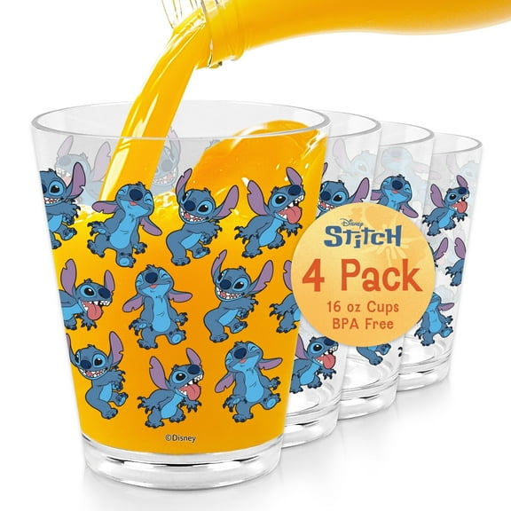 Disney Acrylic Cups, BPA-Free, Stitch & Angel Design, Clear Look Plastic Tumblers, 16 oz, Stackable, 4 Count