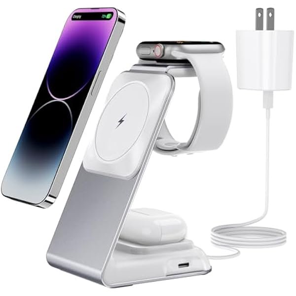 wonima44 4 in 1 Wireless Charging Station for Apple Devices Magsafe Wireless Charger Stand for iPhone Series, Fast Charging Station for Apple Watch and AirPods, 30W PD Adapter Included